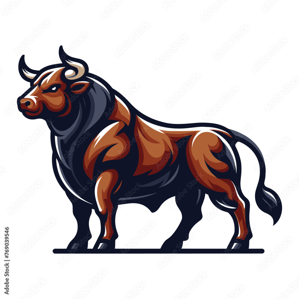 Bull full body design mascot illustration, farm animal, strong angry horned bull concept, butcher shop graphic template, vector isolated on white background