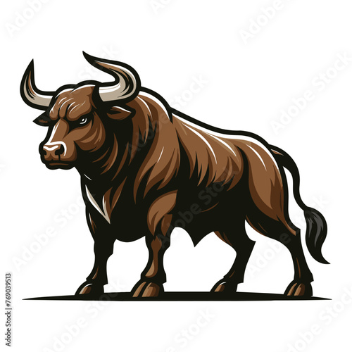 Bull full body design mascot illustration, farm animal, strong angry horned bull concept, butcher shop graphic template, vector isolated on white background