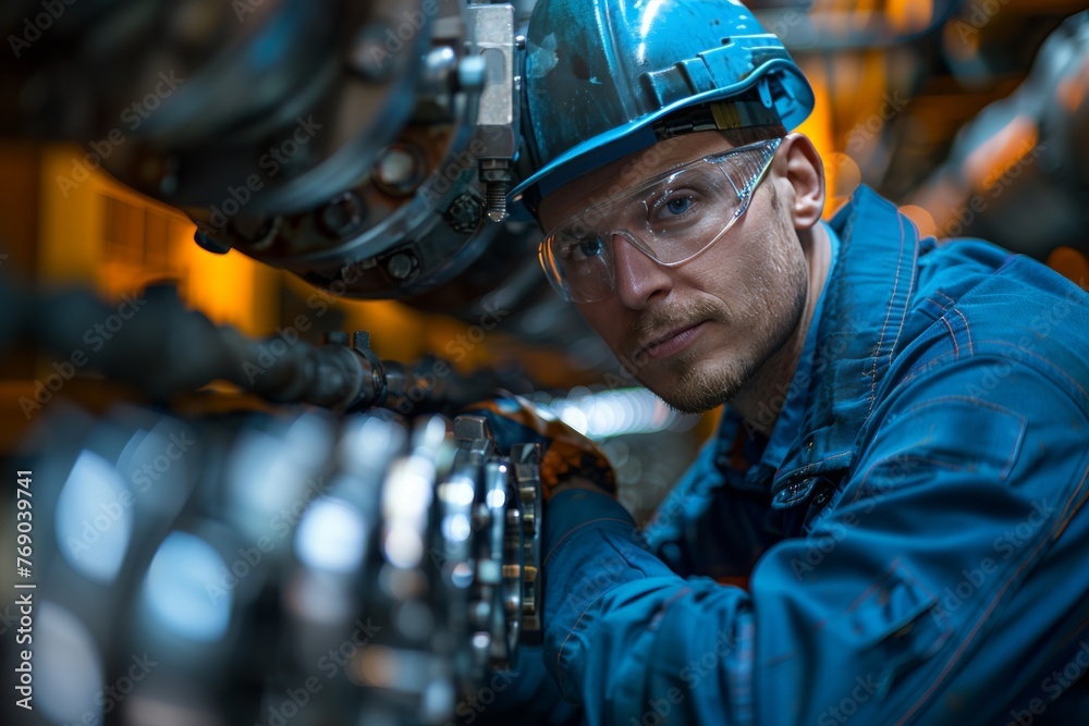 Machine operator in protective gear meticulously inspects a high-tech manufacturing unit for quality Machine operator in protective gear meticulously inspects a high-tech manufacturing unit for quality