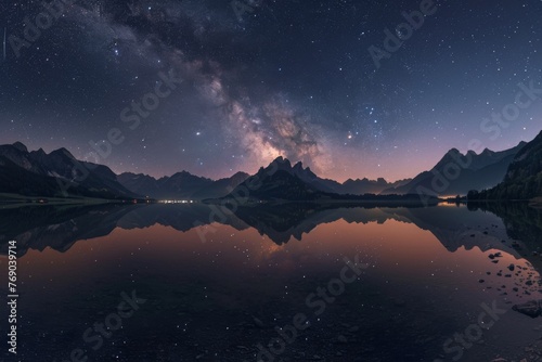 The Milky Way shimmers on a mountainencircled lake at night