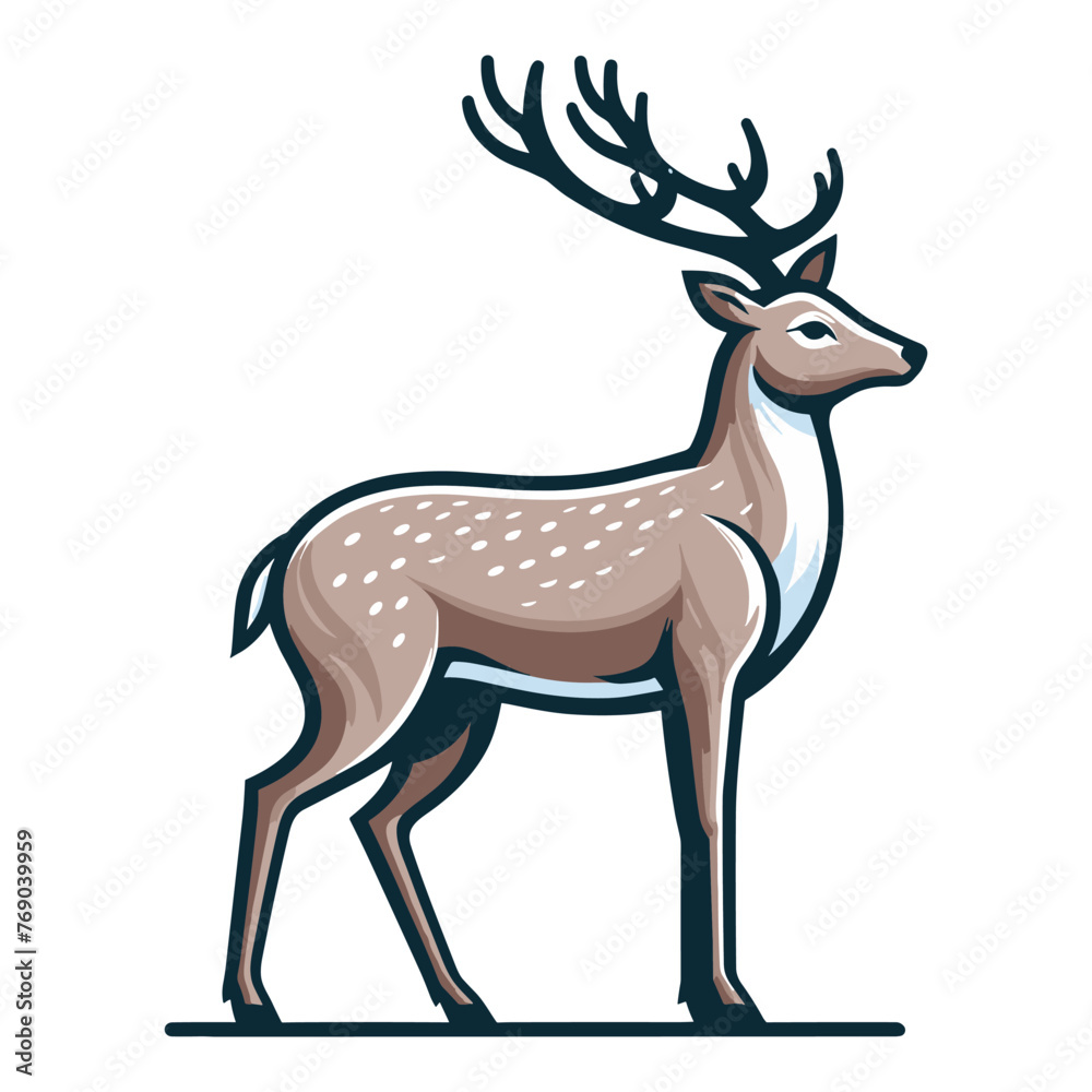 Obraz premium Deer full body vector illustration, wild mammal animal concept, standing reindeer with antlers illustration. Design template isolated on white background