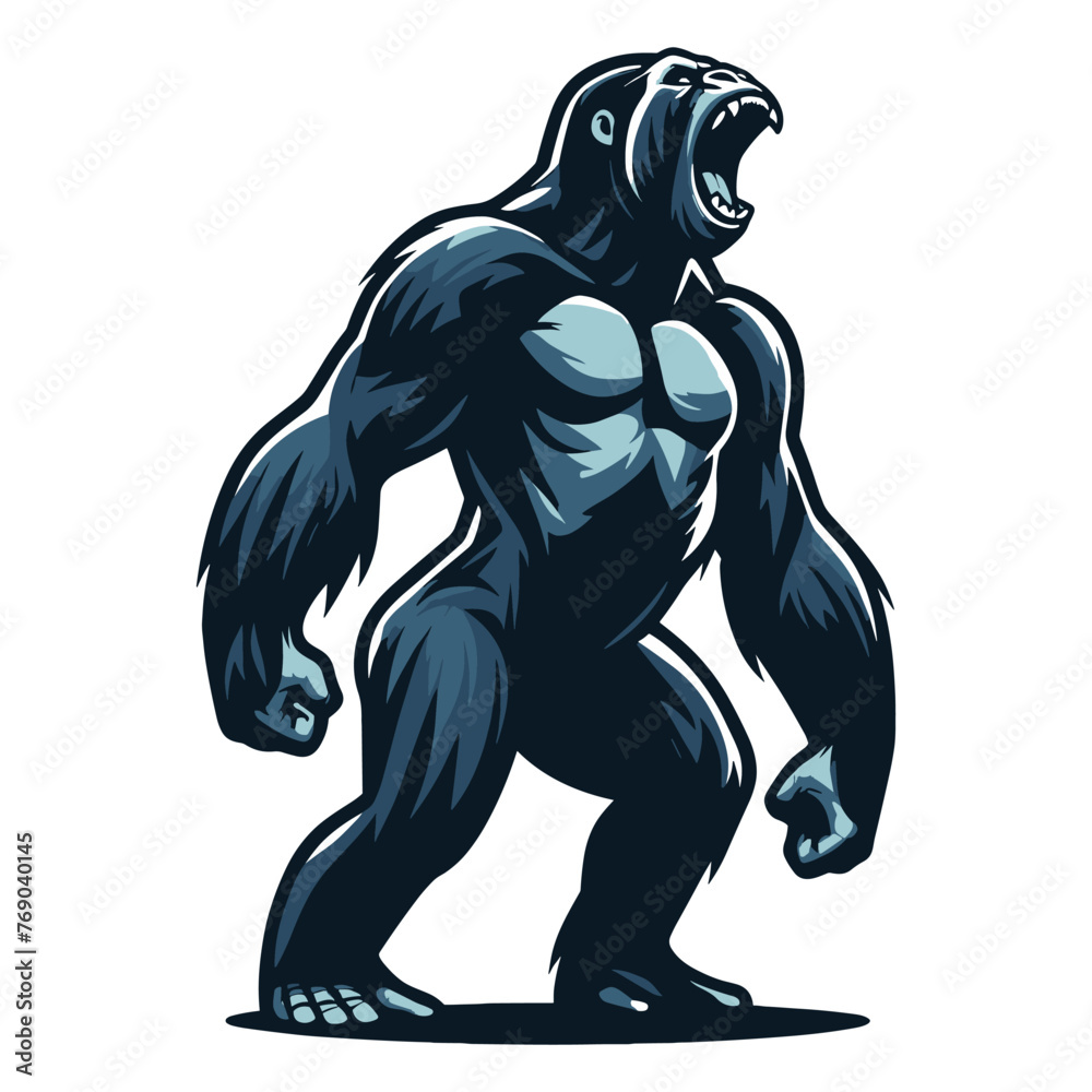 Fototapeta premium Wild angry gorilla full body design illustration, roaring strong big ape concept, primate animal zoology element illustration, vector template isolated on white background