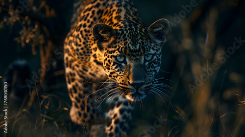 Lithe leopard prowling through the shadows of the African savannah © Muhammad