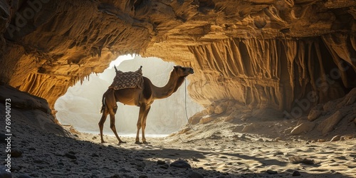 A camel standing in a cave with its saddle on. Generative AI. photo