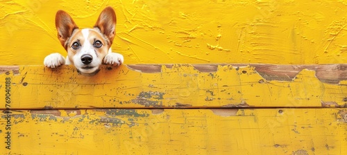 Curious puppy peeking with paws up over yellow wooden background, cute pet on blurred backdrop.