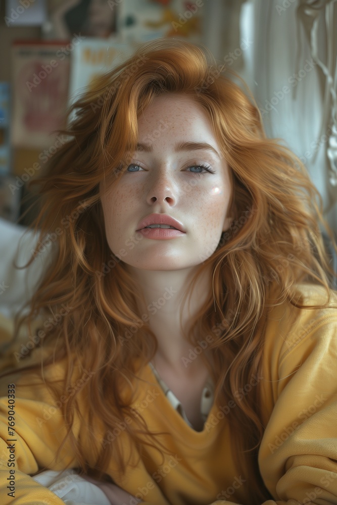 Red haired woman lies on bed, exuding comfort and relaxation, wearing yellow sweatshirt, with calm expression