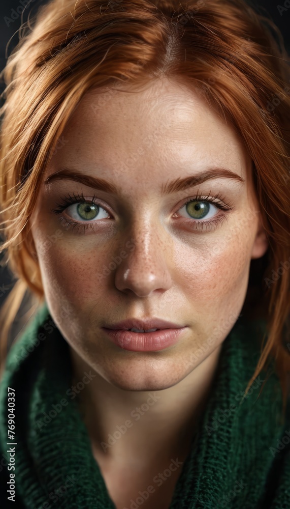 Fototapeta premium A serious woman with freckled hair and a green sweater stares into the camera