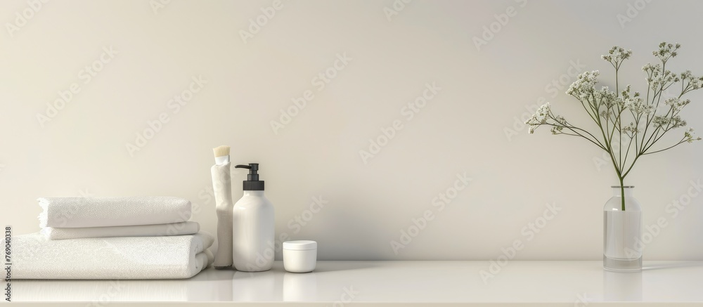 White tabletop with soap, towels, and blank space for product display in contemporary bathroom White tabletop with soap, towels, and blank space for product display in contemporary bathroom