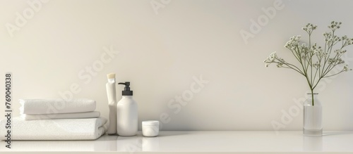 White tabletop with soap, towels, and blank space for product display in contemporary bathroom 