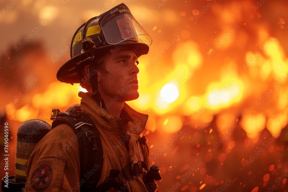 Evocative snapshot focusing on a firefighter in gear as a massive fire rages in the background, denoting urgency Evocative snapshot focusing on a firefighter in gear as a massive fire rages in the background, denoting urgency