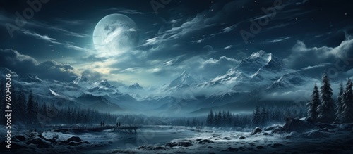Fantasy landscape with snowy mountains and lake.
