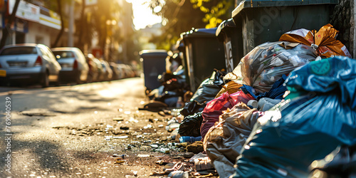 Overflowing garbage can in urban area. Mess and trash on the street near rubbish container bin. Continual challenge of waste management in city environments. Generative AI