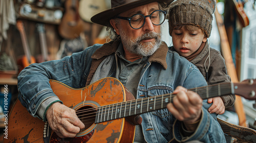 Senior man playing guitar with young child, bonding over music.