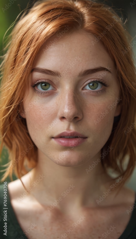 Close-up of woman with freckles on face, serious expression Close-up of woman with freckles on face, serious expression