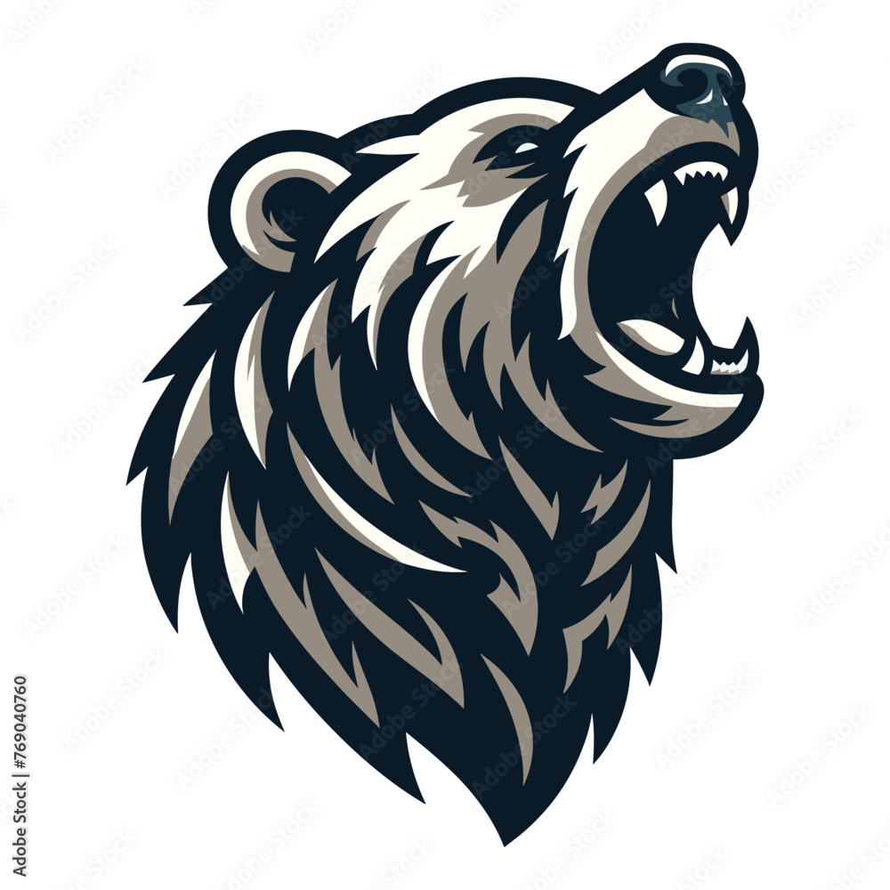 Roaring grizzly bear head face vector illustration, wild beast brown bear, animal predator zoology element illustration, design template isolated on white background - obrazy, fototapety, plakaty 