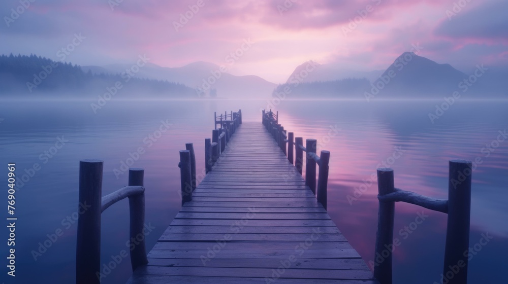 A long wooden pier in the middle of a lake with fog. Generative AI. - obrazy, fototapety, plakaty 