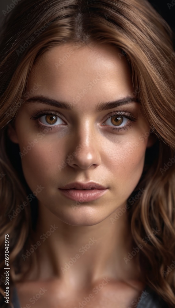 A woman with a serious expression in close-up against a black backdrop A woman with a serious expression in close-up against a black backdrop
