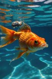 A gold fish swimming in a pool of water with blue sky. Generative AI.