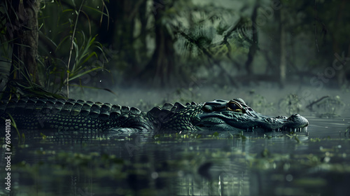 Majestic alligator gliding stealthily through murky swamp waters
