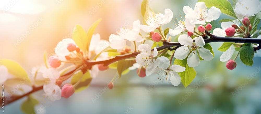 A detailed view of a branch from a tree with beautiful flowers in full bloom, showcasing nature's vibrant colors and delicate petals