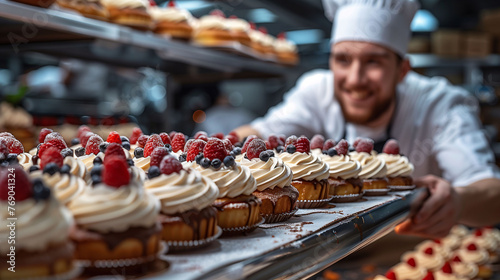 Smiling pastry chef presenting a selection of gourmet cupcakes topped with fresh berries in a bakery setting.