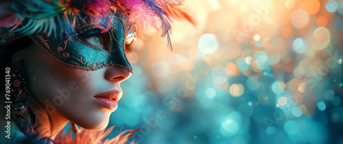 Beautiful young woman with wearing multicolored carnival mask with feathers. Girl wearing costume celebrating carnival. Bokeh lights in background. Generative AI