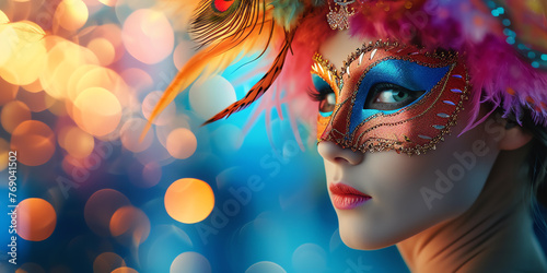 Beautiful young woman with wearing multicolored carnival mask with feathers. Girl wearing costume celebrating carnival. Bokeh lights in background. Generative AI