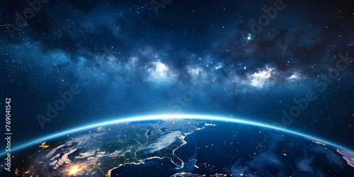 Nighttime view of Earth from space showing North America connected to the rest of the world through satellite technology. Concept Earth's Connectivity, Satellite Technology, North America & Beyond
