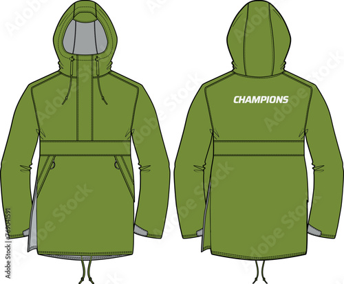 Long line Parka coat Hoodie jacket design flat sketch Illustration, Hooded Parka rain coat with front and back view, winter coat for Men and women for outerwear and long weather jacket