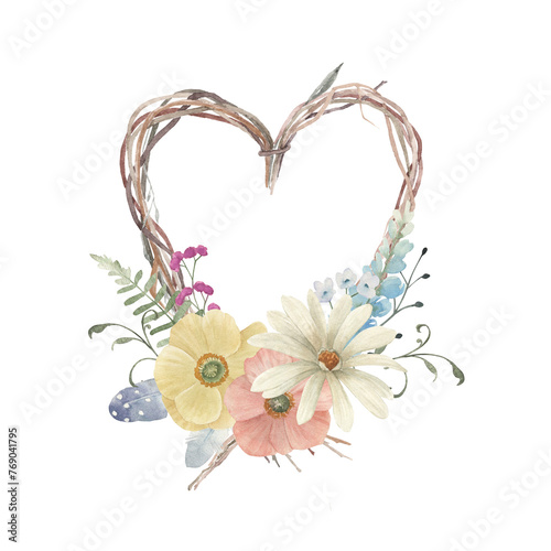 Watercolor wedding vintage heart wreath. Hand drawn floral isolated illustration on white background.