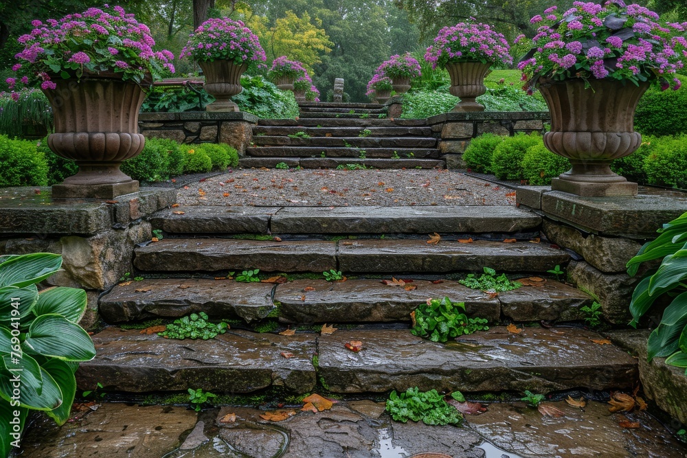 Misty morning ambiance on a historical stairway in a garden with elegant potted flowers on the sides Misty morning ambiance on a historical stairway in a garden with elegant potted flowers on the sides