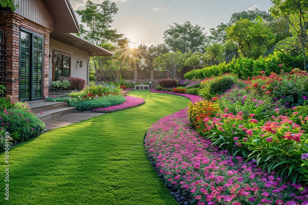 Beautifully landscaped house garden with vibrant flower beds and a green lawn basked in the golden light of setting sun, evoking warmth and tranquility Beautifully landscaped house garden with vibrant flower beds and a green lawn basked in the golden light of setting sun, evoking warmth and tranquility