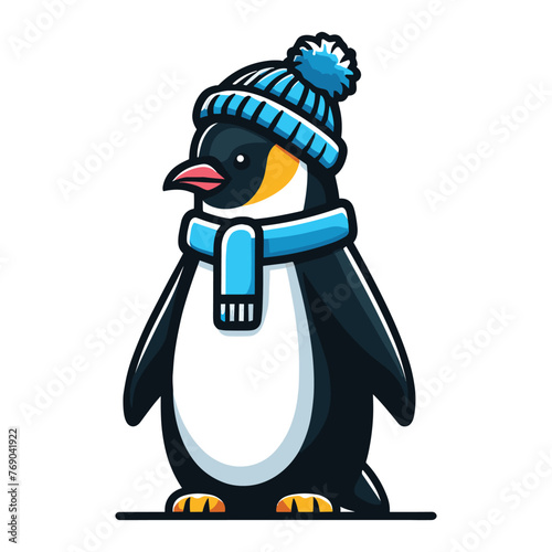 Cute penguin with scarf and hat mascot cartoon vector illustration, bird of Antarctica animal icon, south pole animal element illustration, design template isolated on white background