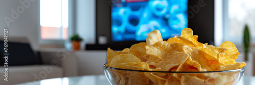 Bowl full of decicious potato chips on a backdrop of TV in living room. Generative AI