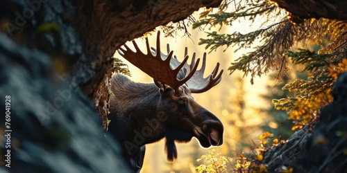 A moose is standing in the woods looking out. Generative AI. © serg3d