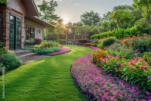 Beautifully landscaped house garden with vibrant flower beds and a green lawn basked in the golden light of setting sun, evoking warmth and tranquility