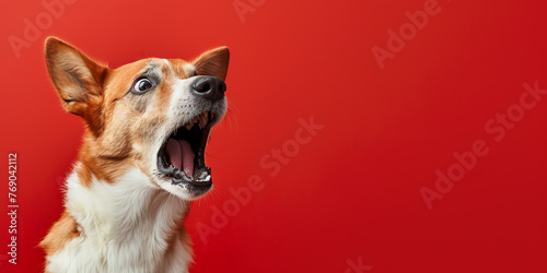 Surprised dog with open mouth and big eyes isolated color background. Copy space. Generative AI