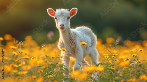 White goat standing upright in a meadow facing the camera photo