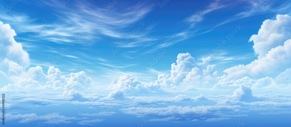 Scenic view of a vast blue sky with fluffy white clouds floating peacefully on a sunny day