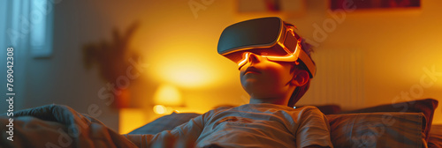 little boy with VR glasses. Boy wearing VR goggles. Using modern technologies to teach kids. Augmented reality, future technology. Generative AI