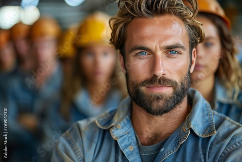 A striking male worker in a denim shirt stands in front with a team of colleagues in hard hats blurred behind him