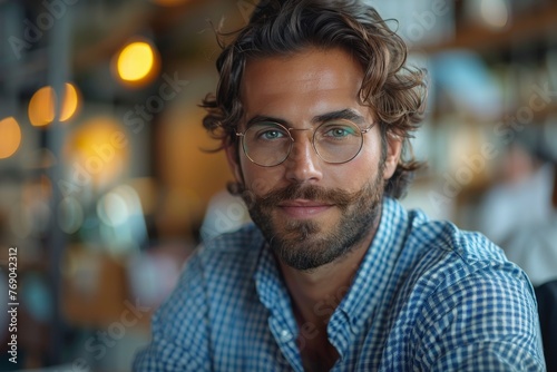 A stylish businessman with curly hair and glasses ponders in a café, illustrating composure and contemplation