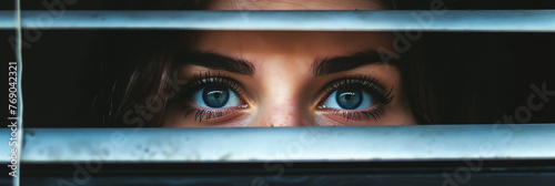 Young woman's eyes looking through windows blinds. Generative AI