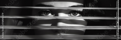 Young woman's eyes looking through windows blinds. Generative AI
