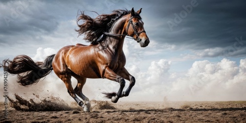  A brown horse gallops through a cloudy field with a few clouds in the sky