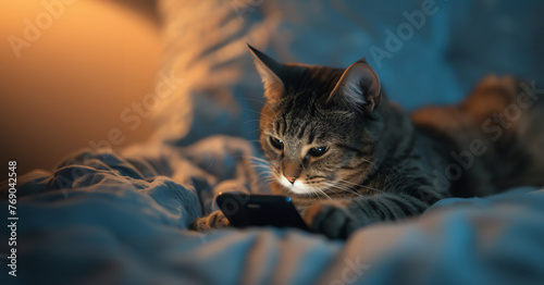 Cat looking his smartphone screen. Cat using it's phone to play games and watch videos on social media. Pet animal addicted to modern technology. Generative AI