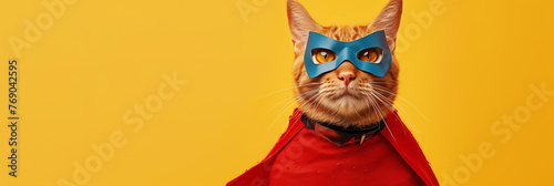 Cat in superhero costume. Cat wearing a superhero costume and sitting down in yellow background. Generative AI