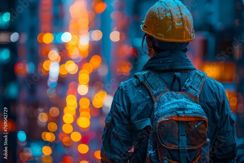 A construction worker gazes towards a vibrant cityscape, the bokeh lights create a dazzling background