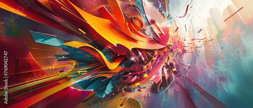 Waves of color and movement cascade across a city wall, as bold graffiti-style lettering merges with dynamic abstract shapes, creating an immersive urban experience.