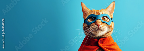 Cat in superhero costume. Cat wearing a superhero costume and sitting down in blue background. Generative AI
